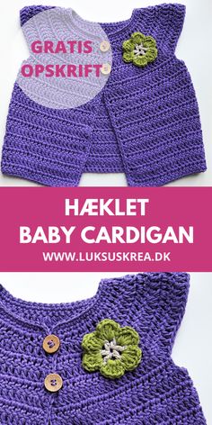 two crocheted baby sweaters with flowers on them and the words hakelt baby