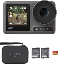 the action 3 camera is shown with two batteries and an accessory for taking pictures in the woods