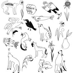 an image of animals that are drawn in black and white