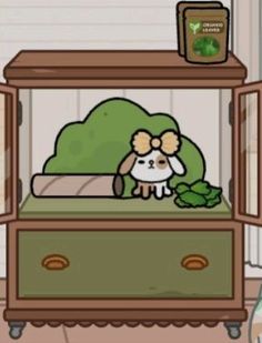 a cartoon dog sitting on top of a bed next to a green plant in a glass case