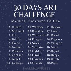 the 30 days art challenge poster with dates in white and black on a blue background