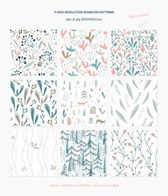 four different patterns with birds and plants on them, all in pastel blue and pink