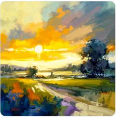 an oil painting of the sun setting over a field