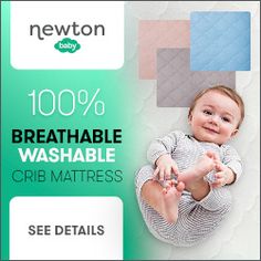 a baby laying on top of a bed with the words newborn breathable washable crib mattress