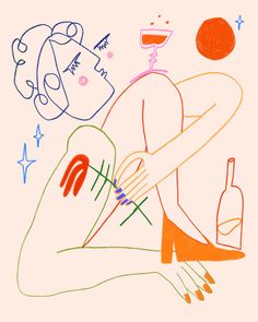 a drawing of a person sitting on the ground with a bottle and wine glass in his hand