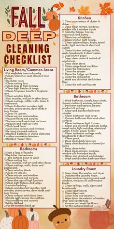 the fall deep cleaning checklist is shown in orange and white with pumpkins on it