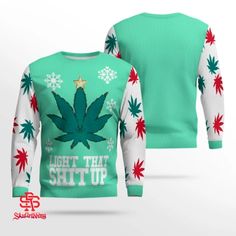 Get ready to spread some holiday cheer (and a few laughs) with our outrageous Ugly Christmas Sweater!
Buy now "Weed Leaf Light That Shit Up Ugly Christmas Sweater Seafoam Green" today from our store.
These festive sweaters are designed to be as tacky as they are fun. Featuring eye-catching patterns, bright colors, and