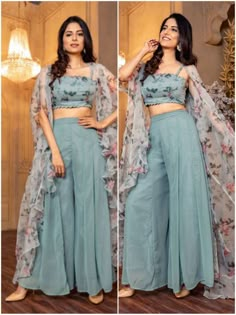 Indian And Western Fusion Dresses, Western Traditional Outfits Women, Georgette Cord Set Western, Desi Western Fusion Outfits, Republic Day Outfit Indian, Western Indian Fusion Outfit, Fancy Western Outfits Dresses, Fusion Wear Indian Western, Plazo Crop Top Indian Wedding