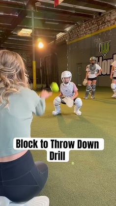 a woman is throwing a ball to another girl in a field hockey game with the caption block to throw down drill