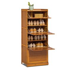 a wooden shoe rack with several pairs of shoes on top and bottom shelves in the middle