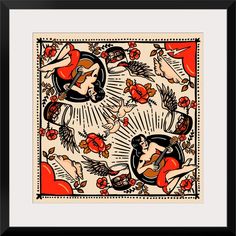 an art nouveau style painting with women in red and black on white paper, framed