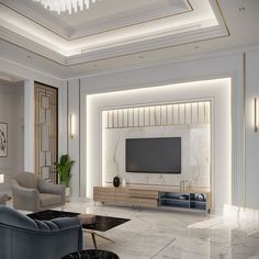 an elegant living room with marble floors and white walls, along with a large tv on the wall