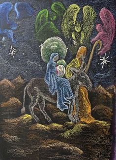 a chalk drawing of the nativity scene with sheep and stars in the night sky