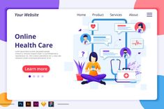 a woman sitting on the floor in front of an online health care page with icons