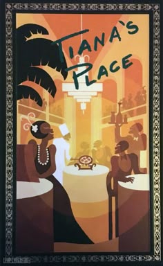 a poster with an image of two people talking to each other and the words tia's place on it