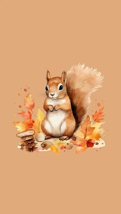 a painting of a squirrel sitting on the ground with autumn leaves around it and an acorn