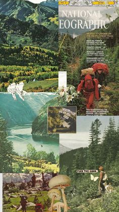 an advertisement for the national geographic shows people hiking in mountains, trees and water