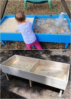 two photos side by side one shows a toddler playing in a sandbox and the other shows an outdoor play area