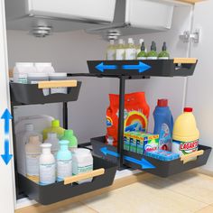 there are two shelves that have cleaning products on them