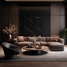 a modern living room with black walls and wood flooring, two couches and a coffee table