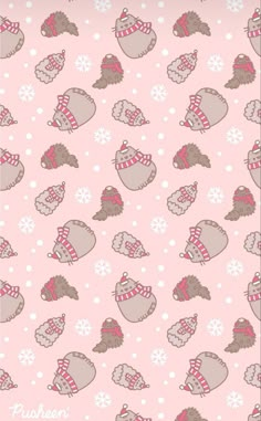 a pink wallpaper with hearts and snowflakes on the ground, in front of a