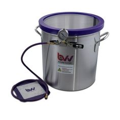 a large bucket with a pressure gauge attached to the handle and hose connected to it