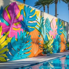 an outdoor swimming pool with palm trees painted on the wall and in the background, there are potted plants