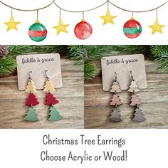 "Fiddle and Grace is proud to offer affordable, lightweight super cute earrings! Spruce up your Christmas and winter outfits with these super cute little Christmas Tree Earrings!  They measure .75\" wide x 2.2\" tall and are 1/8 inch thick.  You have a choice of Acrylic or Wood! Acrylic Choice Includes:     Matte Mustard Acrylic     Matte Cranberry Acrylic     Matte Olive Green Acrylic Wood tones choices:      White Oak      Mahogany      Walnut They are finished off with Antique Bronze Nickel F Earring Christmas, Little Christmas Tree, Free In French, Christmas And Winter, Trees Christmas, Little Christmas Trees, Tree Earrings, Christmas Tree Earrings, Wood Acrylic