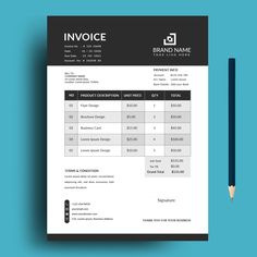 an invoice form with pencil next to it on top of a blue background