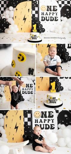 a baby is sitting in front of a cake with black and yellow decorations on it