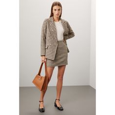 Brown plaid tweed (100% Polyester). A-line. Side zipper closure. 16.5" from shoulder to hemline. Imported. Formal Fall Tweed Skirt, Formal Tweed Skirt For Fall, Winter Houndstooth Mini Skirt For Work, Fall Tweed Mini Skirt With Lining, Tweed Mini Skirt For Fall Workwear, Fall Tweed Mini Skirt For Work, Casual Tweed Dress For Office, Fall Houndstooth Tweed Dress For Work, Elegant Houndstooth Mini Skirt For Work