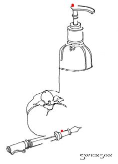 a drawing of a bird sitting next to a soap dispenser and bottle