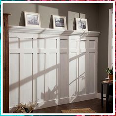 Great way to organize and display your dinnerware in your dining room. These shelves are made from hardwood and are finished in a rich brown color. Batten Diy, Crown Molding Shelf, Wainscoting Stairs, Wainscoting Kitchen, Wainscoting Bedroom, Wainscoting Bathroom, Batten Wall