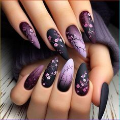 Violet Nails Designs, Purple Floral Nails, Black Pink Nails, Purple Nail Designs, Black Nail Designs, Black Nail, Fall Nail Art, Nail Designs Spring