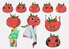 an image of tomatoes with faces drawn on them, and one is wearing a cape