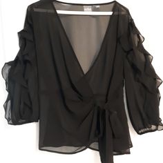 Black, Decorative Sleeves, Adjustable Front Sash. Evening Wear-Fun To Add Dressy Tank Underneath. Never Worn. Medium. Sheer Long Sleeve Top, Sheer Long Sleeve, Evening Wear, Soho, Long Sleeve Top, Long Sleeve Tops, Sleeve Top, Top Blouse, Blouses