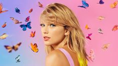 taylor swift is surrounded by colorful butterflies