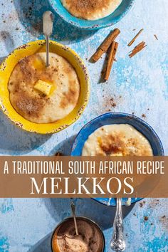 Three bowls of Melkkos on a blue background. Bobotie Recipe South Africa Cape Town, Madagascar Recipes Traditional, South African Foods, Traditional South African Dishes, South African Dessert Recipes, Bobotie Recipe South Africa, Bobotie Recipe, African Recipe