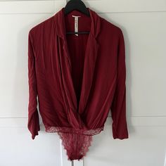 Maroon/Burgundy Lace Bottom Bodysuit. New Without Tags.. Have Had For Years And Never Worn. Very Scandalous To Wear Nothing Under Or Cute Lacey Bralette. Definitely Oversized Blousy Fit Up Top. Blouse Bodysuit, Low Cut Blouses, Bodysuit Blouse, Burgundy Lace, Red Purple, Low Cut, Free People Tops, Color Purple, Bralette