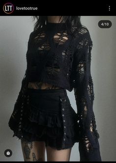 Jumper Skirt Outfit, Net Outfit, Sick Fits, Cute Online Clothing Stores, Goth Outfit Ideas, Distressed Knit, Devils Night, Oversized Sleeves, Dark Style