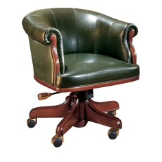 a green leather office chair with casteors and wheels on an isolated white background,