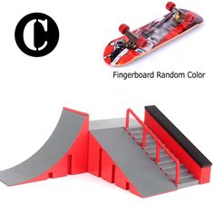 an image of a skateboard ramp with stairs and ramps on the bottom, next to a photo of a skateboard