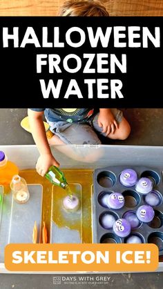 four year old pouring green colored water on a skeleton eraser that has been frozen in a muffin tin Spider Sensory, Water Sensory Play, Sensory Water Play, Spider Rings, Sensory Water, Frozen Halloween, Mini Erasers, Frozen Water