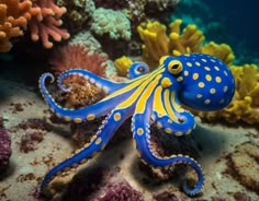 an octopus with yellow and blue dots on it's body is swimming in the ocean