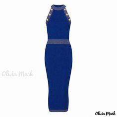 Olivia Mark - Elegant Sleeveless Bodycon Midi Sweater Dress with Button Detail, Lurex Trim, and Crew Neck Midi Sweater Dress, Sweater Dress Midi, Bodycon Midi, Olivia Mark, Button Detail, Royal Blue, Sweater Dress, Dress Outfits, Trim