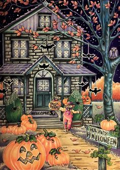 a painting of a house with pumpkins on the front porch and bats flying around