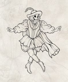 a drawing of a skeleton dressed as a clown