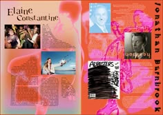 an image of a magazine cover with pink and orange designs on it's pages