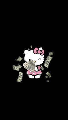 a hello kitty wallpaper with money coming out of it