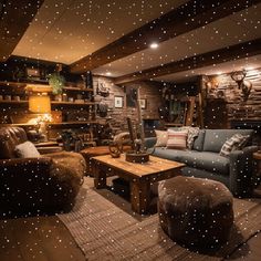 a living room filled with lots of furniture next to a wooden floor covered in stars